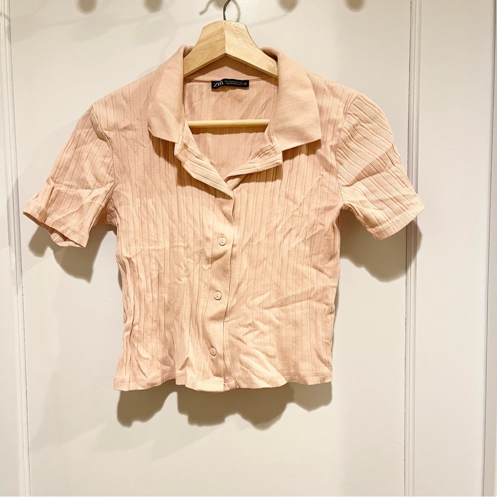 Zara Blush Pink Short Sleeve Knit Ribbed Cropped Collared Button Front Top S